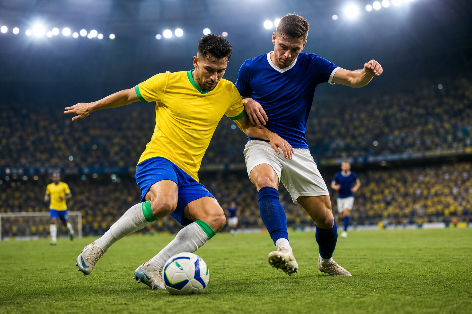 Jogadores disputando a bola - Brasil x Escócia